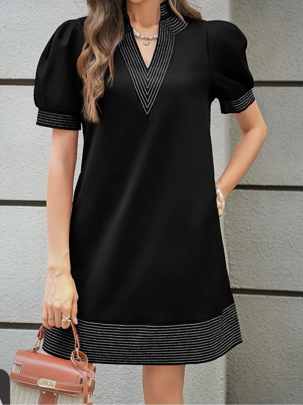 Amazon Black V-Neck Puff Sleeve Mini Dress with Trim